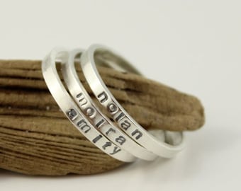skinny name ring - personalized stackable stacking ring, hand stamped sterling silver stacking ring, custom made jewelry
