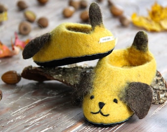 Handmade children's dog slippers made from merino wool