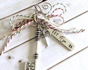 Hand Stamped Personalized Jesus Let Him In Christmas Key with Nail Cross Rustic Ornament