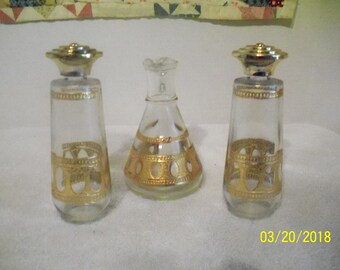 Glass With Gold Trim Salt And Pepper Shakers With Matching Vinaigrette 1960's