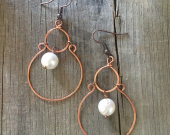 Hammered Copper and Freshwater Pearl Earrings