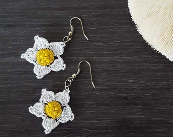 Boho Daisy Earrings, Crochet Earrings, Beaded Earrings, Dangle Oya Earrings, Crochet Jewelry, Flower Earrings, Women's Gift