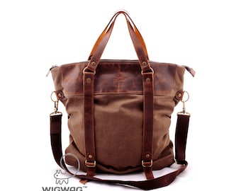 Large women's bag, genuine leather bag, brown bag, convertible bag, womens bag, canvas leather bag, shoulder bag, womens brown backpack