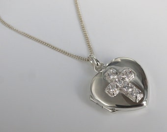 Heart Locket with chain, cross design with CZ