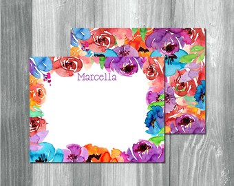 Watercolor Flower Thank You Cards, Watercolor Floral Note Cards, Watercolor Floral Notecards, Purple, Pink, Orange, Blue, Bright Watercolor