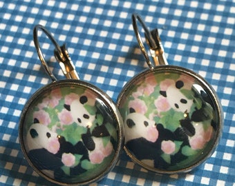 Panda bears glass cabochon earrings- 16mm