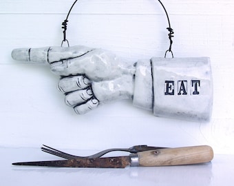 EAT Pointing Finger. Ready To Ship. Fired Ceramic. Recycled Clay.
