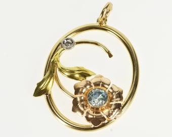 14K Two Tone Blue Topaz Diamond Flower Oval Pendant Yellow Gold