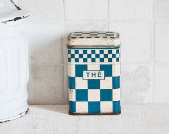 French Thé store box - Blue Checkerboard Lithographed decorative tin - Retro kitchen metal canister