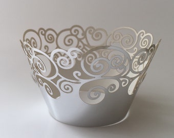 12 pcs Beautiful Metallic Shiny Silver Lace Wedding Swirl Filigree Cupcake Liners Liner Baking Cup Cupcake Wrapper Wrappers silver Cupcake