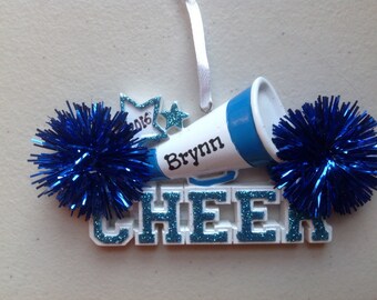 33% Off Personalized Blue Cheerleader Megaphone with Pom Pom Christmas Ornament