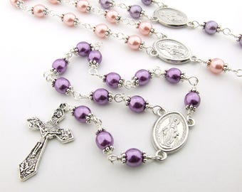Catholic Rosary Beads - Miraculous Medal Wire Wrapped Purple Pink Pearl Beads One Decade Rosary Tenner Single Decade Rosary - Catholic Gift
