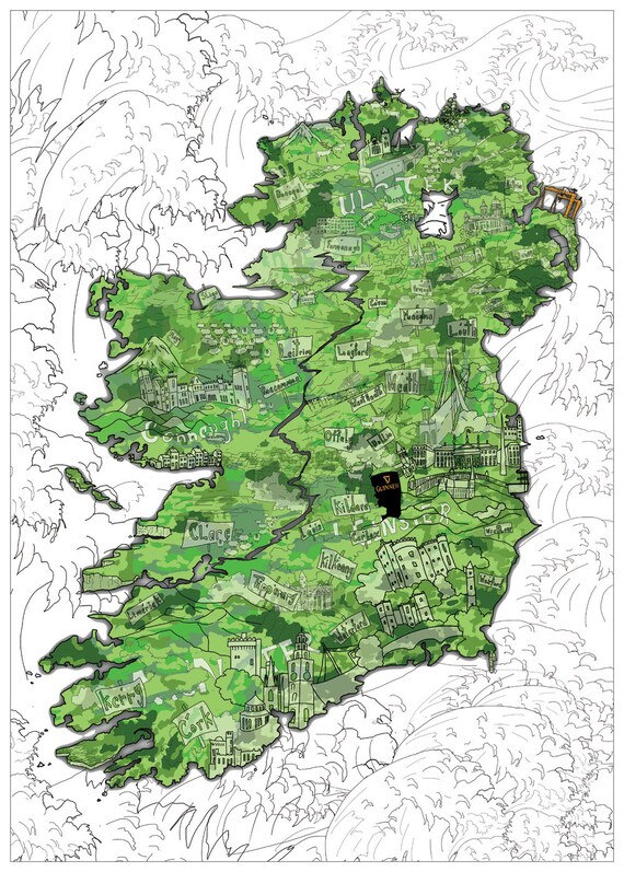 IRELAND colour ART PRINT Large Line Drawing Belfast Dublin