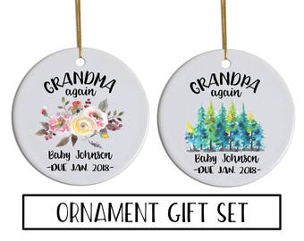 Grandma Grandpa Again Ornaments, Grandma Grandpa Gifts, Grandparent Again Gifts, Personalized Ornament, Pregnancy Reveal Again, Announcement