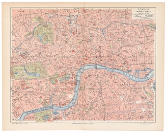 1905 Original London map, an original antique print from 1905, a lithography presenting antique map of London.