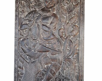 RESORT HOTEL Hand Carved  Vintage Fluting Krishna Vrindavan Wall Decor Sculpture Mediation Room Door Panel