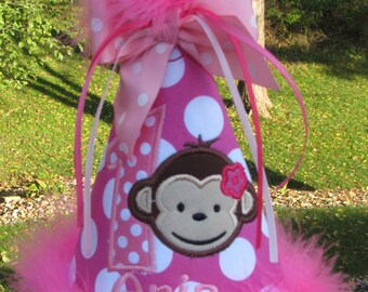 mod monkey birthday hat, smash cake hat, 1st birthday, 2nd birthday. birthday hat,pink mod monkey birthday, Party hat
