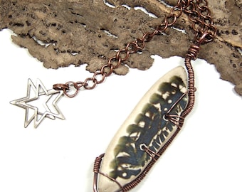 One of a Kind Handmade Wire Wrapped Tumbled Reversible Pottery Shard Pendant Necklace, Copper chain and Lobster Claw Closure