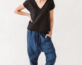 Harem pants, Linen pants, Woman pants, Navy blue pants, Trousers Eco friendly, Stone washed linen, French linen, Linen clothes, Yoga pants
