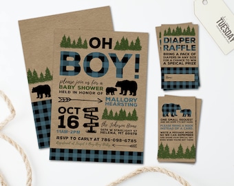 Camping Baby Shower Invitation - Buffalo Plaid Baby Shower Invitation - Lumberjack Baby Shower Invitation Printable - Bear - Blue Plaid