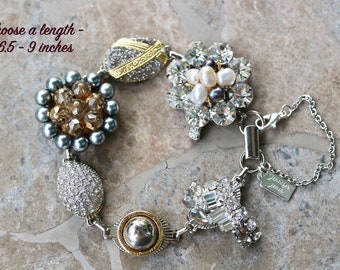 Vintage Earring Bracelet, Bridesmaid Gift, Bride Wedding Charm, Grey Silver, Sparkle, Repurposed, Rhinestones, Discount, Jennifer Jones OOAK