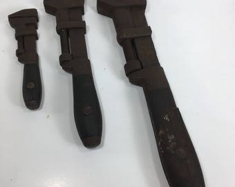Antique Coes Monkey Wrench Lot plumber auto mechanic 10" 15" 6.5" old wood handle Mantique Adjustable Old 19002 Set lot industrial iron USA