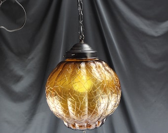 Vintage Mid Century Swag/Hanging Light Amber Globe Shade with Wrought Iron Chain-Lighting Home Decor