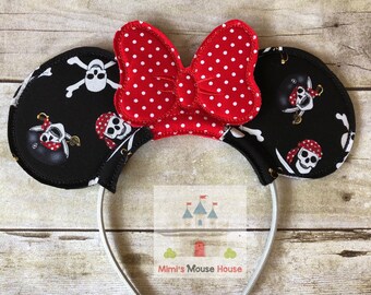 Minnie Mouse Pirate Skull Ears with Red Dot Bow. Ready to Ship. Inspired by Minnie Mouse and Disney Cruise. Pirate Night on a Disney Cruise.