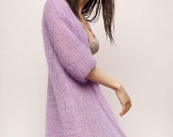 Lilac cardigan, Handmade mohair cardigan, Long cardigan, purple pastel cardigan, Mohair cardigan,Light soft wool cardigan, Open front cardi