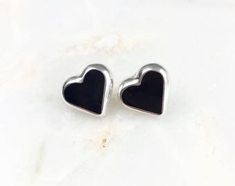 Vintage Sterling Onyx Heart Studs