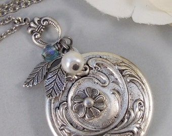 Bella Blossom,Locket,Silver Locket,Birthstone Locket,Moon,Blossom,Flower,Necklace,Antique Locket,Birthstone. jewelry by valleygirldesigns.