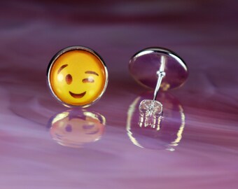 Pair of Wink Emoji Emoticon Earrings Jewelry Silver Plated Stud Earrings