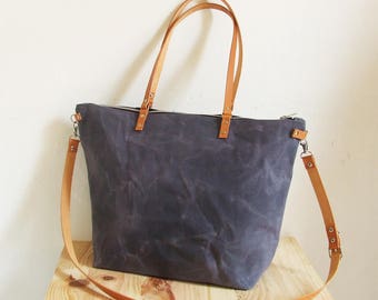 Waxed Canvas Bag, Waxed Canvas Tote, Crossbody Bag, Diaper Bag, Leather Straps