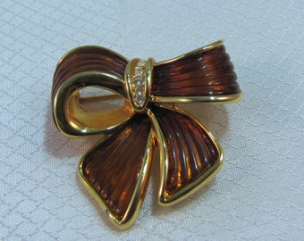 Joan Rivers Brown Enameled Gold Plated Bow Brooch