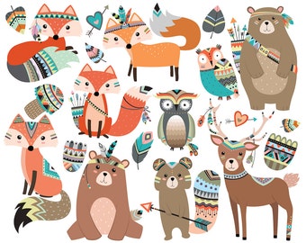 Woodland Tribal Animals Clipart Vol. 2 - Set of 19 Vector, PNG & JPG Files - Cute Forest Animal Clip Art, Fox, Owl, Deer, Rustic, Arrows Art