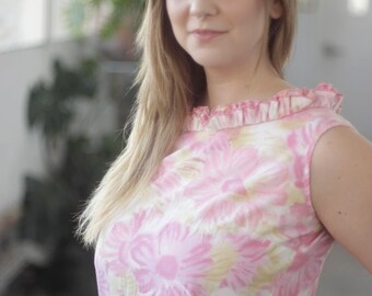 60s Floral Cotton Shift dress, Medium