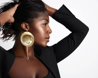 Big African earrings, extra large brass earrings, dangle hoop earrings, double brass earrings, bohemian earrings, hammered brass earrings