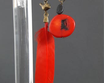 Earrings asymmetrical bird and Red coral