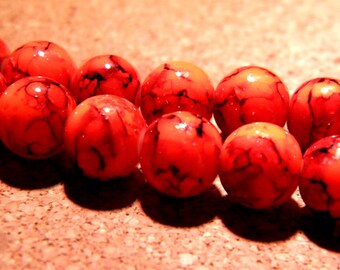 marbled speckled glass - 10 mm red orange-PF18 20 beads