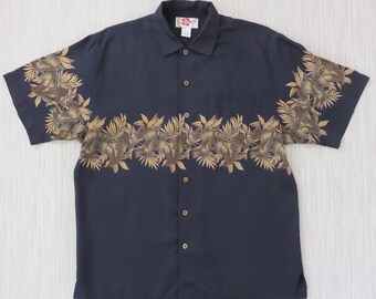 Hawaiian Shirt HILO HATTIE Black Aloha Shirt 100% Silk Resort Wear Tropical Foliage Print Bands Surfer Men Camp - M - Oahu Lew's Shirt Shack