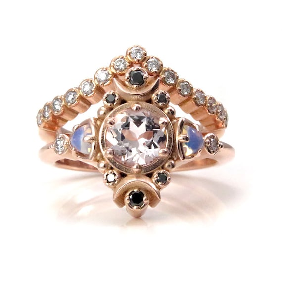 Moon Empress Engagement Ring Set - Morganite with Opalite Trillions and Black and White Diamonds