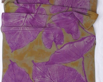 silk scarf hand painted Purple Philodendron crepe large long unique gray wasabi green luxury wearable art women fashion