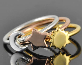 Star ring, Sun ring, Moon ring, sterling silver ring, crescent moon ring, crescent moon