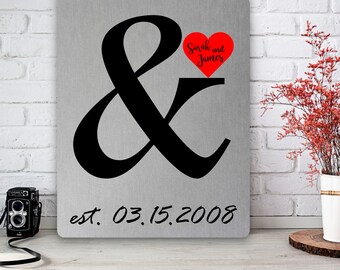 Ampersand Wedding Print, Anniversary Tin Print, Aluminum Art Plaque, Ten Year Gift, Tin Metal Print, & Symbol, Red Heart, Custom Names Dates