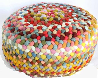 Hand Braided Multicolored Floor Cushion or Footstool