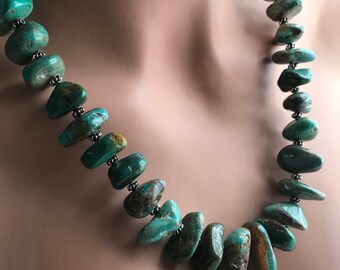 Long Natural Turquoise and Sterling Silver Necklace