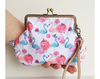 Hand-held handbag with flamingos-handbag with vintage clasp-wrist purse-passport purse-red coral bag
