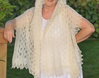 Hand knitted rectangular shawl, off white/ ecru color, with beautiful lace pattern, woolen scarf, woolen shawl.
