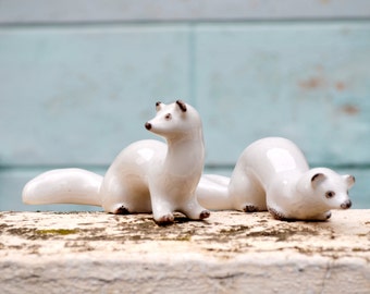 Set of 2 Porcelain Stoat, White Ceramic animal figurine, Collectable Sculpture, White home decor, Soviet Gift idea