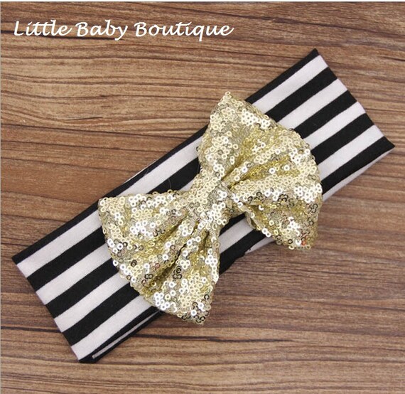 Black and white striped GOLD sequin headband baby girl